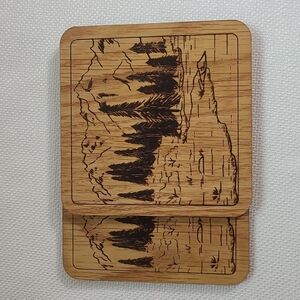 Set of two natural wood coasters, mountain, trees, lake NWOT